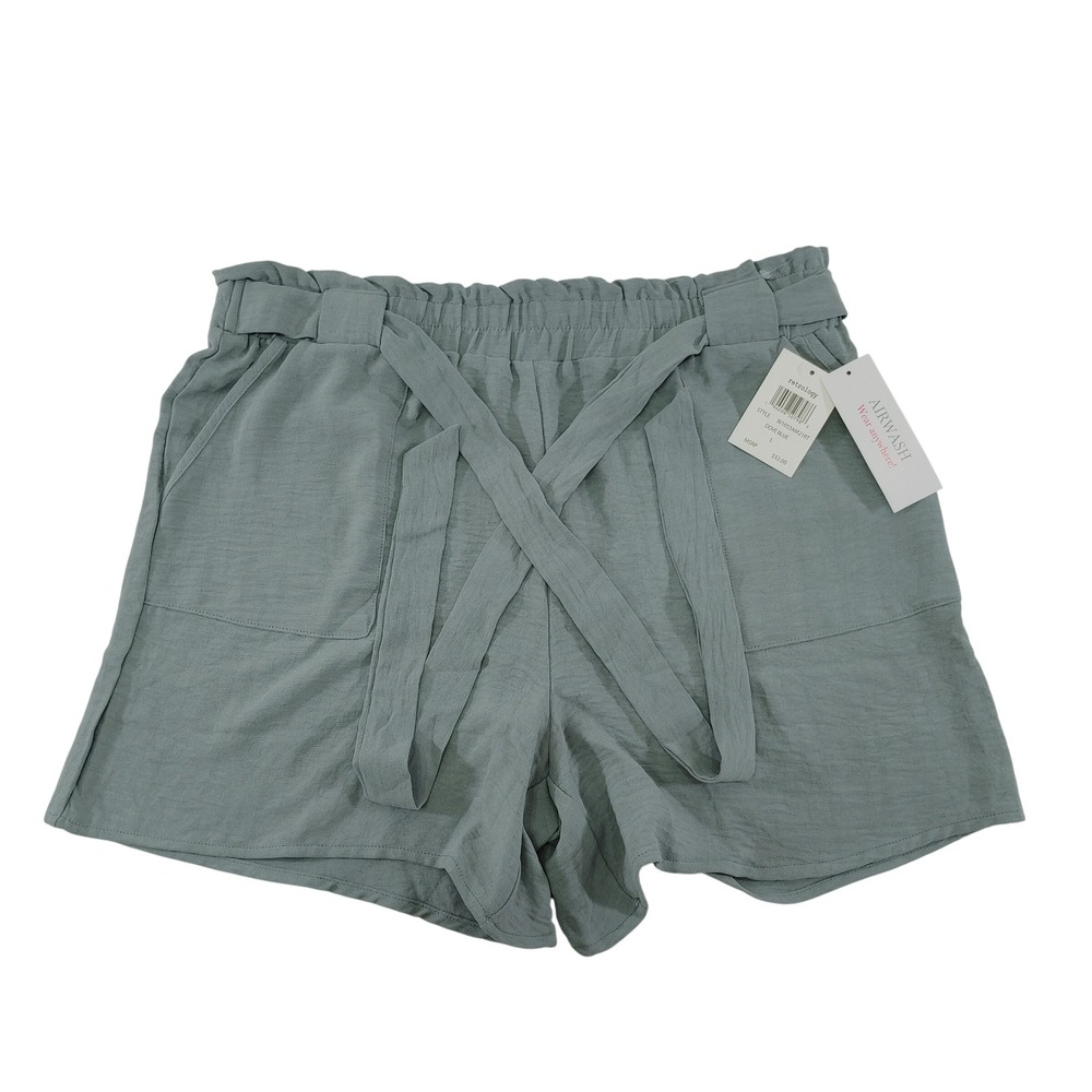 Retrology Womens Shorts L Dove Blue Polyester‎ Elastic Waist Tie Front New